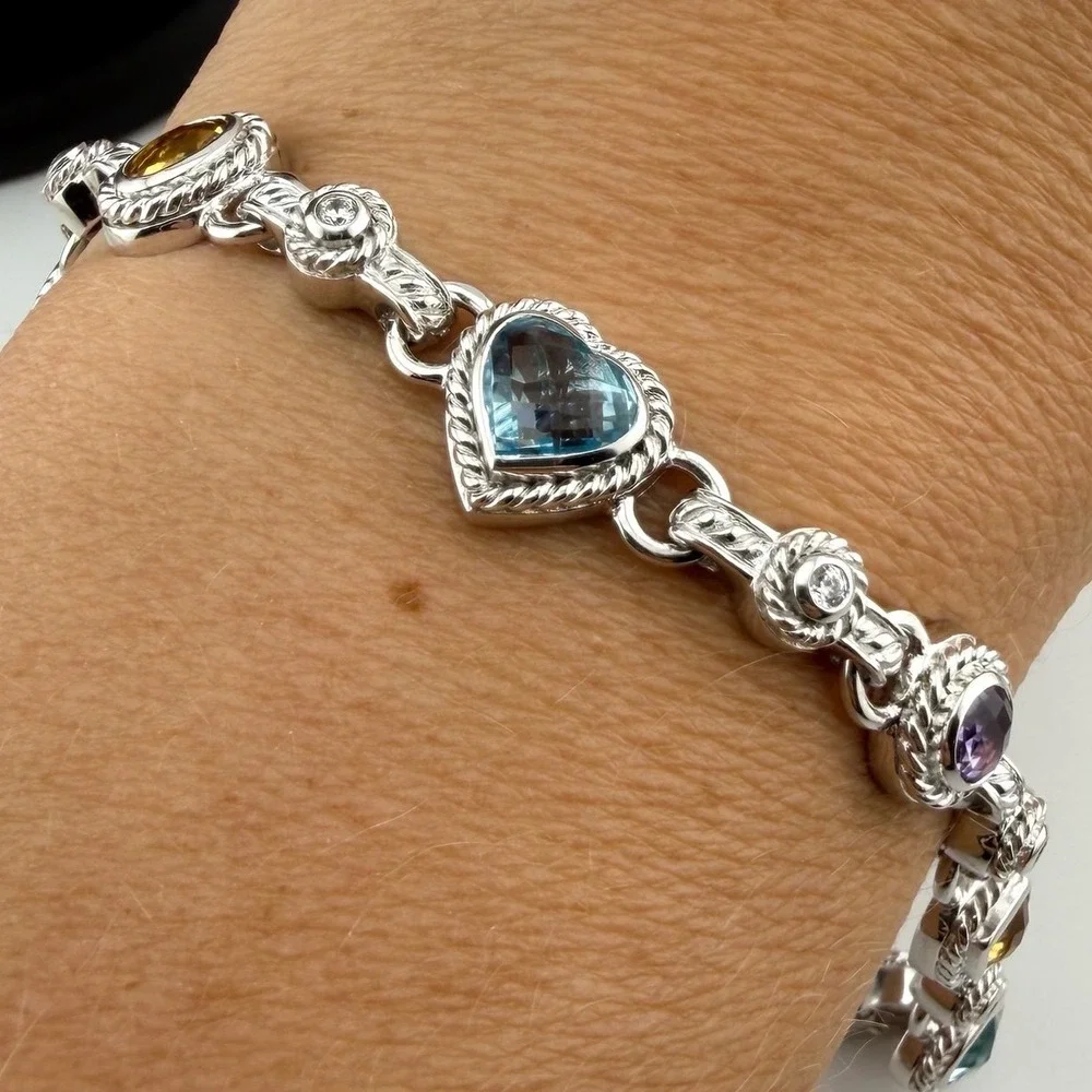 Judith Ripka Womens 7.2in Silver Multi-Gemstone CZ Heart Link Bracelet